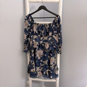 EUC blue floral smocked ruffle mini dress S